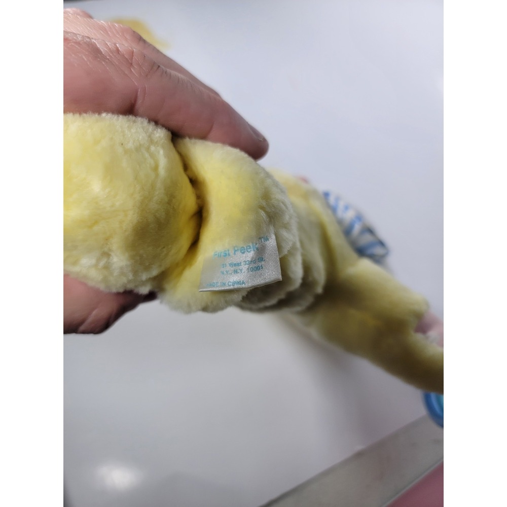 Vtg First Peek Yellow Lion Blue Plush Musical Baby Crib Pull 13" Toy‎ - Picture 3 of 3